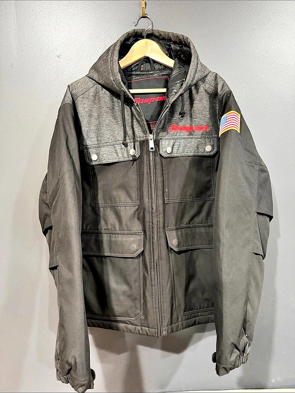 Snap-on Hooded Utility Jacket Black Gray Large Like New